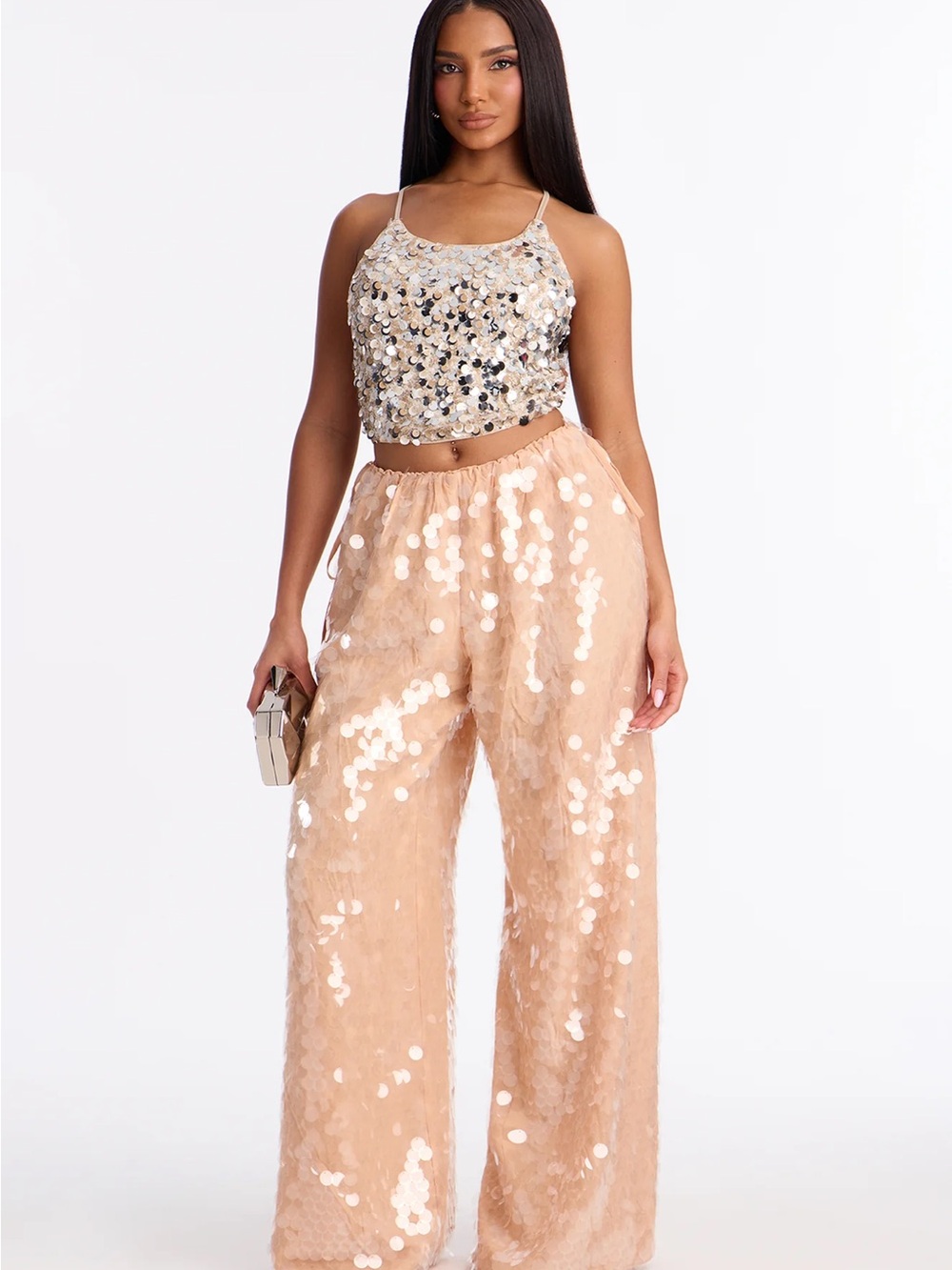Sequin Wide-Leg Pants in Blush